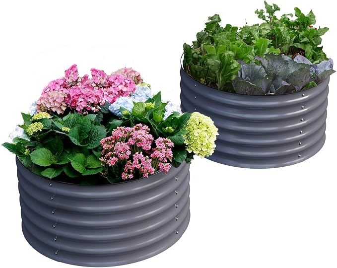 Olle 2 Pack 17 Tall Durable Round Raised Garden Bed Raised Beds for Gardening Vegetable Planter Boxes Outdoor Raised Garden Boxes for Herbs Veggies Flowers Mid-Grey 24 X 17