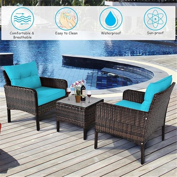 Pemberly Row 3-Piece 26'' Rattan Conversation Set Outdoor Seating Ensemble Built for Casual Comfort and Interaction Turquoise