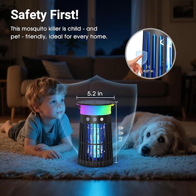 2 Pack Solar Bug Zapper Outdoor Portable Electric Mosquito Killer Waterproof Rechargeable Insect Trap with LED Night Light and Flame Effect Ideal for Outside Patio Backyard and Camping