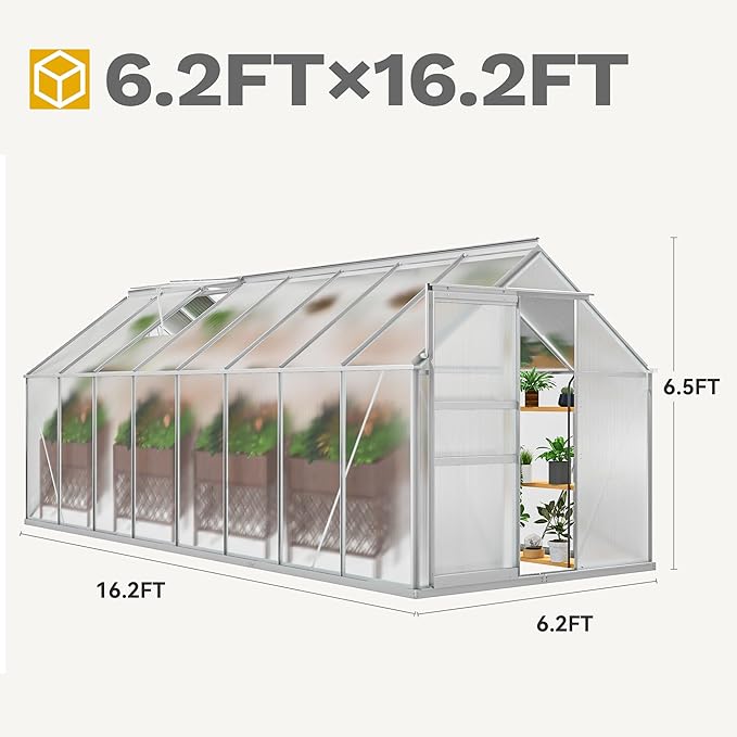 DWVO 6x16FT Polycarbonate Greenhouse Heavy Duty Green Houses Outdoor Aluminum Greenhouses with Sliding Doors Vent Window Walk-in Greenhouse Large Sun House for Garden Backyard Matte Sliver
