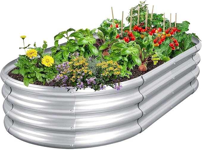 LIALEX Galvanized Raised Garden Bed Metal Outdoor Garden Planters Large Galvanized Raised Planters 4ft (L) X2ft (W) X1ft (H) Silver