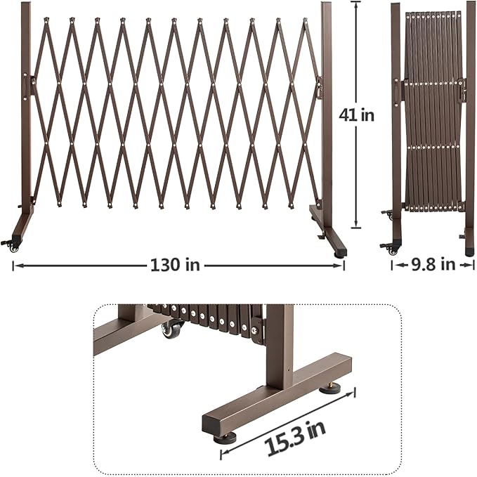 TECSPACE Aluminum Expandable Garden Fence Portable Barricade Gate with Casters Adjustable Retractable Fence Mobile Barricade Safety Barrier (Brown 130×15×41 inch)