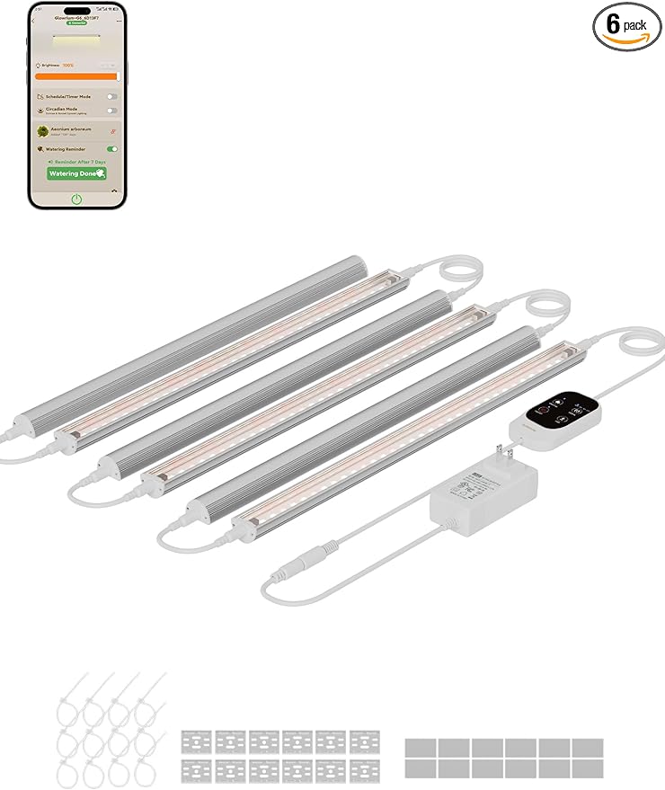 GLOWRIUM Smart Grow Lights for Indoor Plants with APP Full Spectrum Grow Lights for Seed Starting G6 Plant Light Strip with auto Timer 3 Angle dimming Levels for Plant Shelf 6-Pack (Silver 48W)