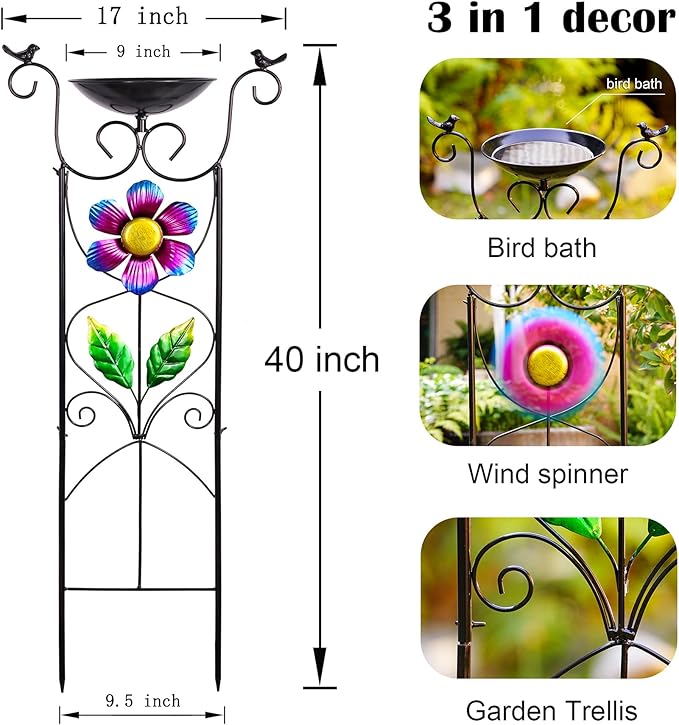 Bird Bath with Trellis Outdoor - 40 Antique Iron Free Standing with 9 Detachable Basin Spinning Flower Windmill &amp Birdfeeder Station for Garden Decor