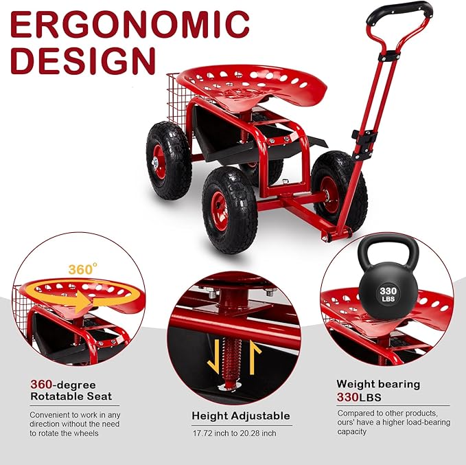 Garden Cart Rolling Workseat with Wheels Gardening Stool Cart Seat with 360 Degree Swivel Seat &amp Extendable Handle &amp Tool Tray Patio Wagon Scooter for Planting Weeding and Outdoor Tasks R