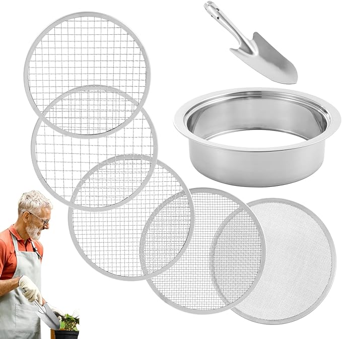 Soil Sifter for Gardening | Soil Sieve Stainless Steel with 5 Replaceable Mesh Screens - Size 8in Diameter 1/3/6/9/12mm Stackable Sifting Pan Sand Sieve with Shovel
