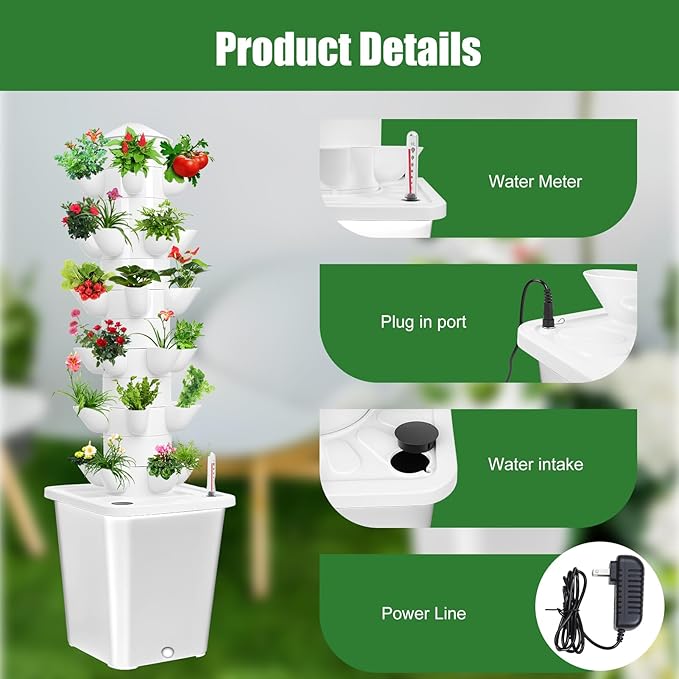 Hydroponic Tower Hydroponics Growing System Kit 6 Layers 30 Pods Vertical Planter Tower with 10L Tank Indoor Outdoor Hydroponic Grow System for Herb/Strawberry/Vegetable/Flower Planting (White)