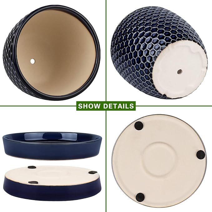 Docrin Blue Honeycomb Ceramic Plant Pot Set - 6.6+5.5 Inch Modern Decorative Planters with Drainage Holes &amp Saucers for Indoor/Outdoor Home Office