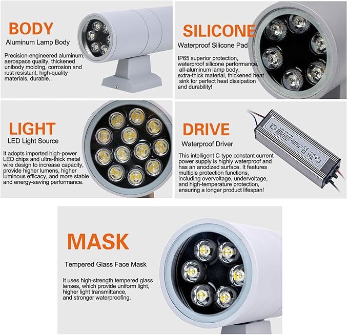 Double Head Up and Down Irradiation Outdoor Wall Washer Lights Spotlight Led Beam Light IP65 Waterproof Villa Courtyard Pillar Lamp 220V Exterior Landscape Lighting(Yellow24w)