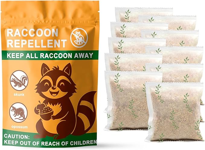 Natural Raccoon Repellent Granules | Eco-Friendly Non-Toxic &amp Long-Lasting Protection with Garlic Peppermint &amp Wintergreen Oils | Safe for Pets and Children |10-Pack (25g per Bag)