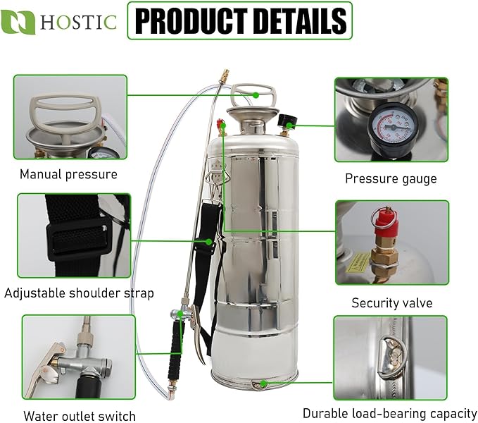HOSTIC 1 Gallon Stainless Steel Sprayer Hand Pump Sprayer with Pressure Gauge Valve Adjustable Nozzle for Gardening Lawn and Cleaning