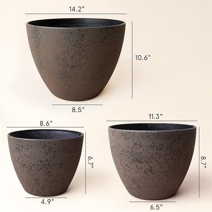 LA JOLIE MUSE 14.2/11.3/8.6 Inch Large PlantersIndoor/Outdoor Round Planters Set of 3New Iron Plant Container with Drain HolesTree Flower Plant Pots for Patio and Deck