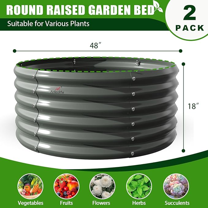 A ANLEOLIFE 2-Pack 4ft x 18” Tall Galvanized Raised Garden Beds Outdoor Round Metal Planter Box for Planting Vegetables Flowers Herb Anti-Rust &amp Easy-Setup Quartz Grey