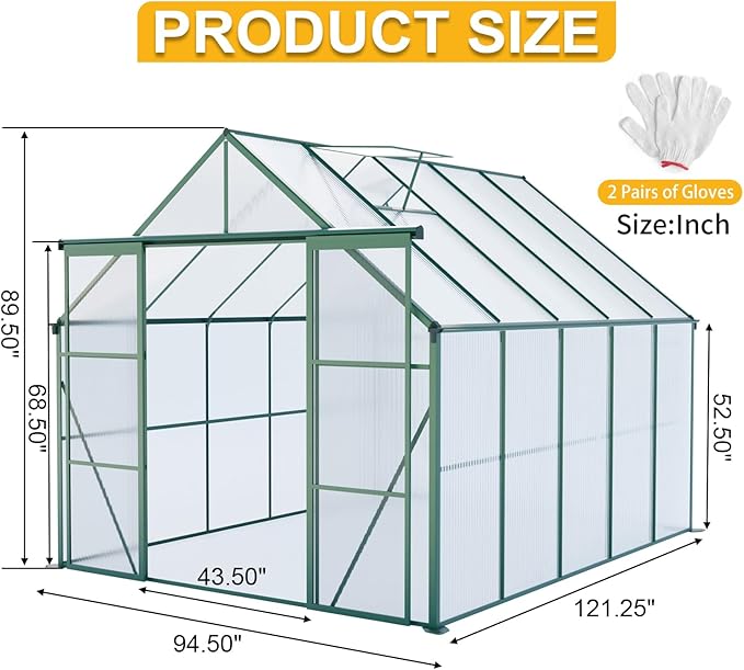 8x10 Greenhouse for Outdoor with Double Door and Adjustable Roof Walk-in Polycarbonate Gardening Green House with Raised Base and Anchor Drainage System for Backyard Lawn Green
