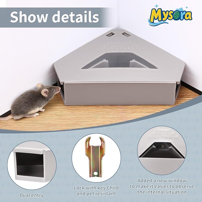 12 Pack Mouse Bait Stations with Visible Window &amp Keys Lockable Rodent Control Boxes Triangular Mice Traps Box for Indoor Outdoor Corners Garage Kitchen Bait Not Included (Gray)