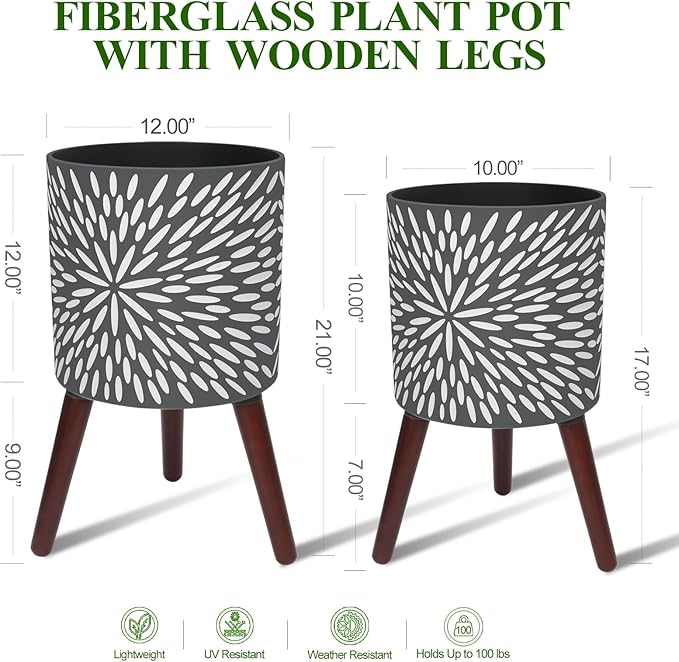 10 &amp 12 Inches Plant Pot with Stand Set of 2 Large Matte Gray Modern Planters for Indoor Outdoor Plants with Drainage Holes Big Flower Pots with Wood Legs