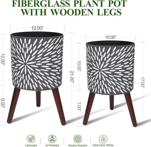 10 &amp 12 Inches Plant Pot with Stand Set of 2 Large Matte Gray Modern Planters for Indoor Outdoor Plants with Drainage Holes Big Flower Pots with Wood Legs