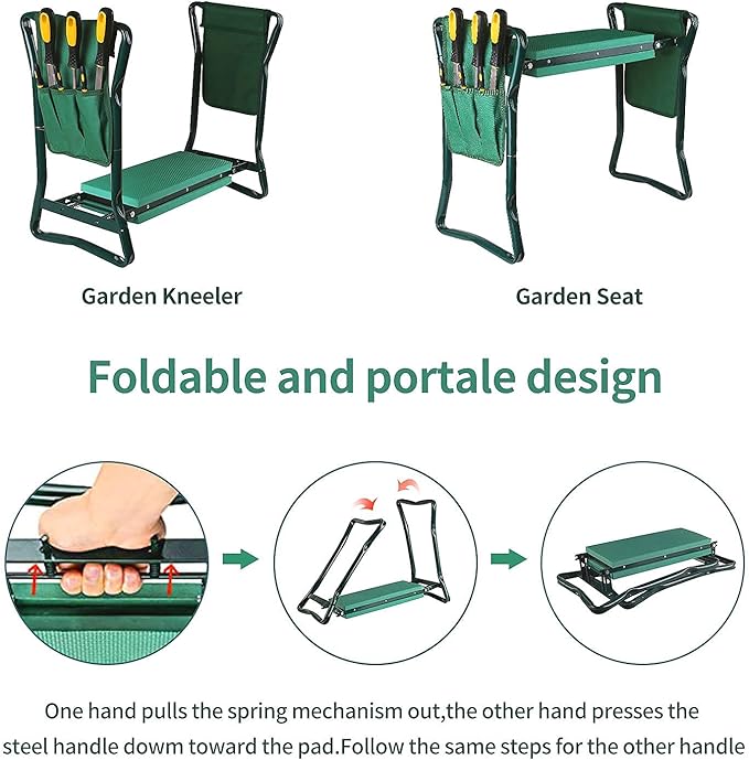Garden Kneeler and Seat with Free Tool Pouches Heavy Duty Gardening Bench for Kneeling and Sitting Folding Garden Stools with Tool Pouch and Kneeling Pad