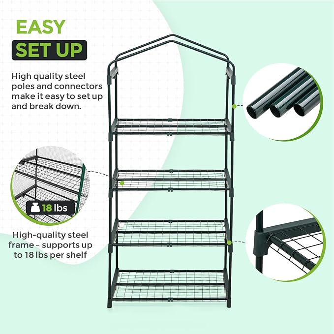 EAGLE PEAK 4-Tier Mini Greenhouse Portable Green House with Shelves &amp Weather-Resistant PE Cover Small Greenhouse for Seedlings &amp Gardening Gifts 27x19x64 in Clear/White