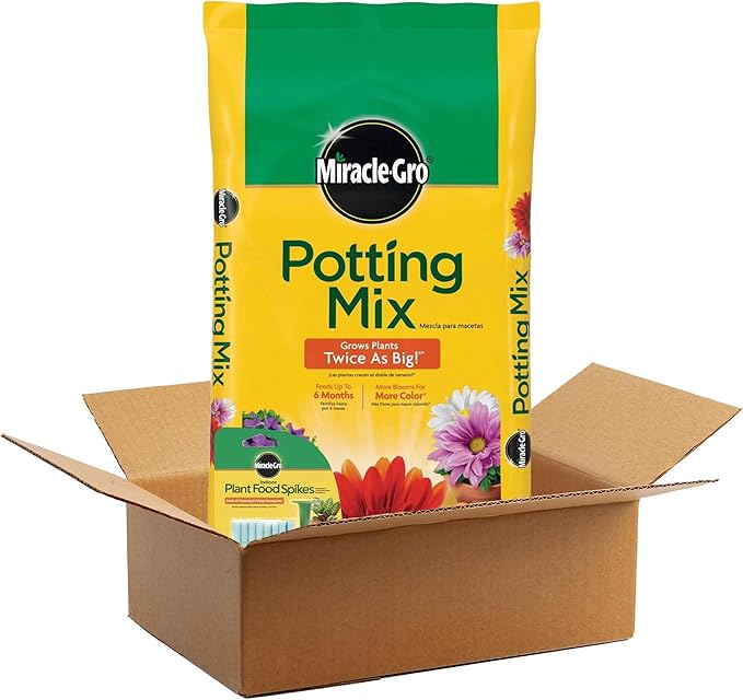 Miracle-Gro Potting Mix for Container Plants Flowers and Vegetables 2 cu. ft. &amp 24 Pack Indoor Plant Food Spikes Continuous Feeding for Houseplants