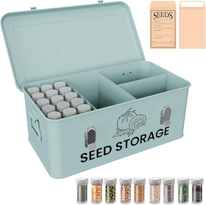 Seed Storage Organizer Box Metal Seed Box Garden Seed Organizer with Lid Seed Containers Storage with 4 Compartments 30 Seed Holder Organizers 100pcs Seed Envelopes (Blue)