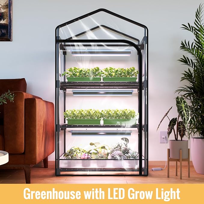 Indoor Greenhouse with Grow Light 3-Tier Plant Stand with PVC Tent Ventilation Window Bottom Pouch 20W Full Spectrum Grow Light with Timer for Seed Starting 27 L x 19 W x 49 H