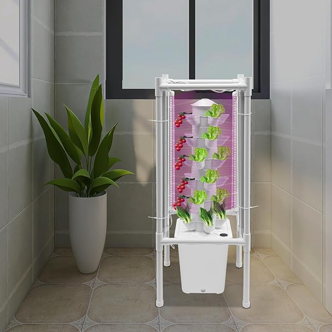 Hydroponic Growing System 30-Plant Vertical Gardening System with 4 LED Grow Lights 6-Layer Tower Hydroponic System for Herbs Fruits and Vegetable (No Seedlings Included) (White)