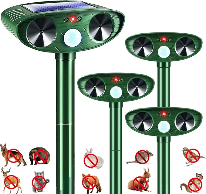 4 Pack 2026 Solar Ultrasonic Animal Repellent Outdoor Cat Squirrel Deer Repellent Devices Rabbit Deterrent for GardenAnimal Repeller with Motion Sensor for Dog Skunk Raccoon Rabbit Rodent
