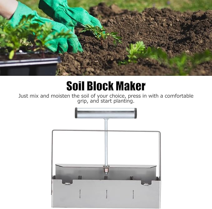 Manual Soil Block Maker - 4 Grids Soil Blocker Sool with Comfortable Handle for Seeds Starting Greenhouse Plant Growing Tool