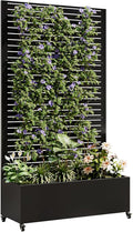 Metal Planter Box with Trellis Raised Garden Bed with 4 Wheels Trellis Privacy Screen Wall for Climbing Plants Vegetables (Black A)