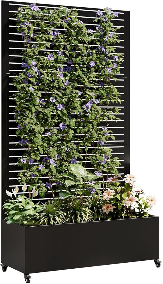 Metal Planter Box with Trellis Raised Garden Bed with 4 Wheels Trellis Privacy Screen Wall for Climbing Plants Vegetables (Black A)