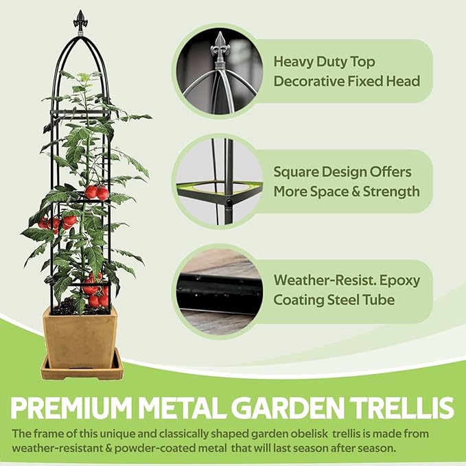 100% Metal Obelisk Trellis for Climbing Plants Outdoor &amp Indoor - Powder-Coated Steel Tower Obelisk Plant Support - Heavy Duty Rust-Proof Garden Trellis for Climbing Vine Vegetables Flowers Black
