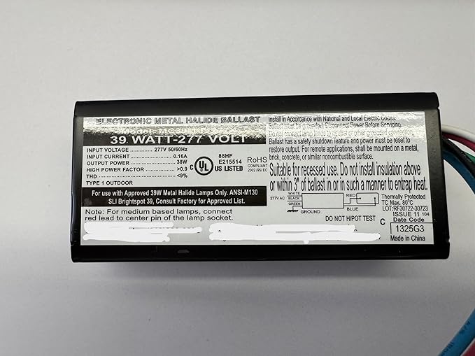 MC39-1-F-277X Compatible W/Replacement for Hatch 39 Watt 277 Volt Electronic Metal Halide Ballast ANSI M130 Side Lead Nano Slim case
