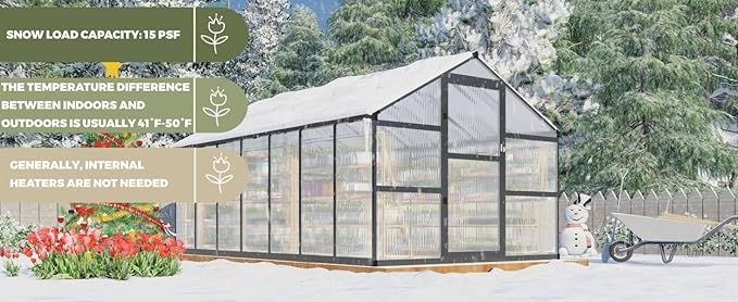 8x14 FT Greenhouse for Outdoors Polycarbonate Greenhouse with Quick Setup Structure and Roof Vent Aluminum Large Walk-in Green House for Outside Garden Backyard Dark Gray