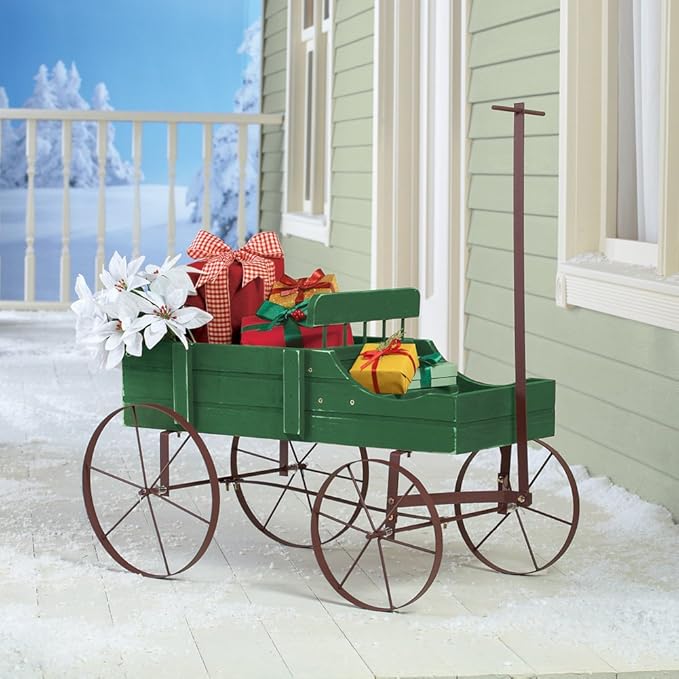Collections Etc Amish Wagon Decorative Indoor/Outdoor Garden Backyard Planter Green