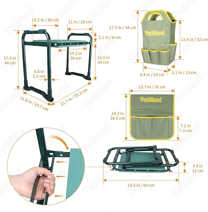 Garden Kneeler and Seat with 1 Gardening Tool Pouch and 1 Tool Bag 10.2 Widen Heavy Duty Thicken Soft Kneeling Pad Folding Garden Stool Outdoor Yard Work Seat Ideal Gardening Gifts for Mom Women