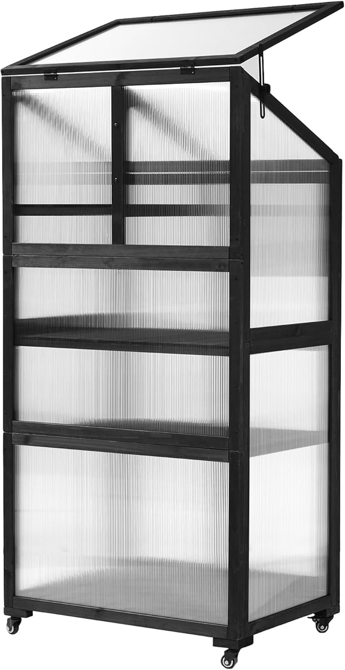62inch Height Wood Large Greenhouse Balcony Portable Cold Frame with Wheels and Adjustable Shelves for Outdoor Indoor Backyard Mudroom (Black/Garden)