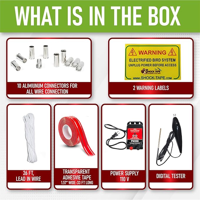 kit for Pigeon &amp Bird Control - Bird Trainer Solution for Keeping Birds Away from Rooftops Patios Windowsills Fences - Durable Shock Tape &amp Electronic Charger Kit- Spikes Alternative.