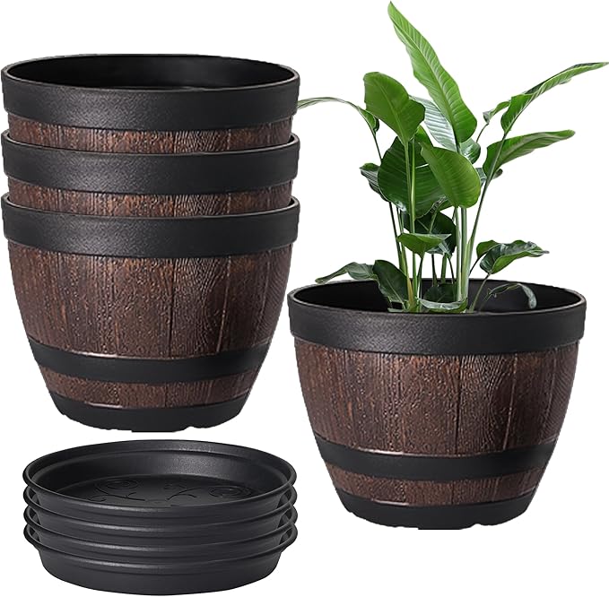 VECELO Plant Pots with Drainage Holes &amp Saucer 11.3 Inch Flower Pots with Tray 4 Pack Plastic Whiskey Barrel Planters for Indoor &amp Outdoor Garden Home Plants and Flowers