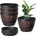 VECELO Plant Pots with Drainage Holes &amp Saucer 11.3 Inch Flower Pots with Tray 4 Pack Plastic Whiskey Barrel Planters for Indoor &amp Outdoor Garden Home Plants and Flowers