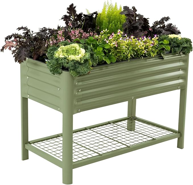 Elevated Raised Garden Bed-V Series 2' x 4' Garden Beds with Legs &amp Storage Rack for Patio Porch 700 Lbs Weight Capacity Outdoor Planter Boxes for Gardening Herbs Vegetables Flowers Olive Gree