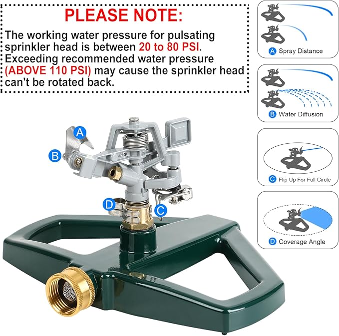 STYDDI Heavy Duty Impact Pulsating Sprinkler for Yard All Metal Adjustable Rotating Circular Impulse Lawn Sprinkler for Medium to Large Areas Lawn and Garden Coverage up to 5800 Sq. Ft