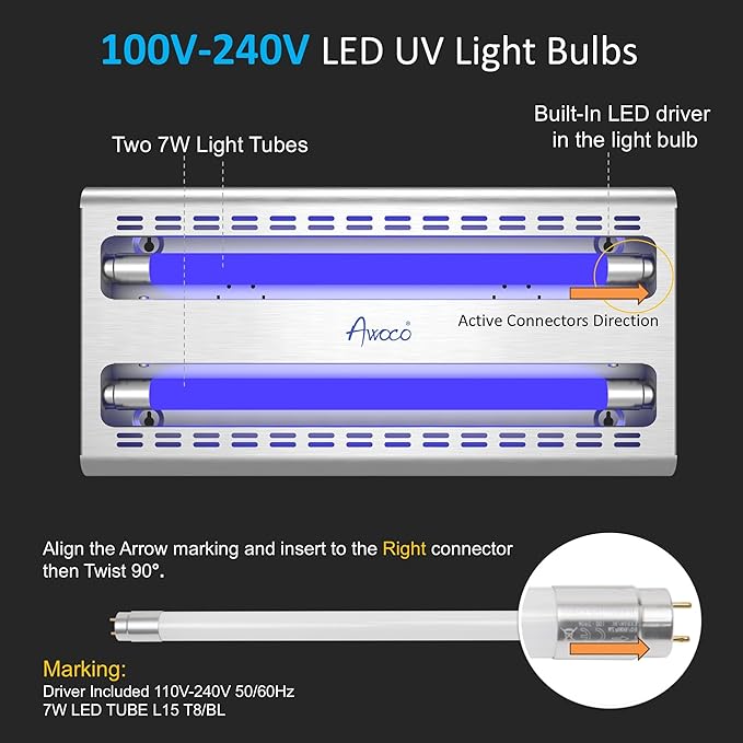 Awoco 11W LED Stainless Steel 100V-240V Wall Mount Sticky Fly Trap Lamp for Capturing Flies Mosquitoes Moths and Flying Insects Perfect for Home Restaurants Warehouses (with 6 Glue Boards)
