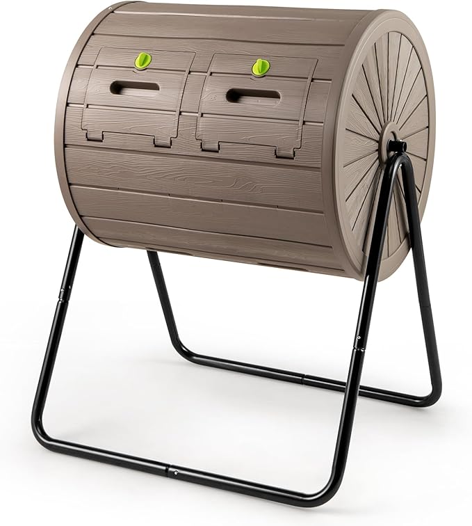 Goplus Compost Tumbler 37.5 Gallon Large Outdoor Compost Bin w/Dual Chambers 2 Lockable Doors Efficient 360° Rotating Batch Composter for Garden Yard Farm Waste Easy Assembly BPA-Free (Coffee)