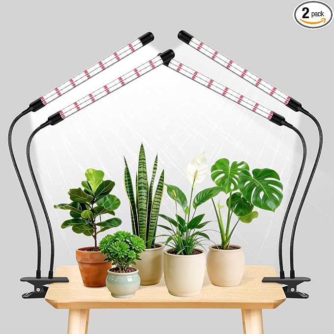 Full Spectrum 2026 Grow Lights for Indoor Plants Dual Head Clip Plant Lights with 6/12/18H Timer3 Light Modes5 Dimming Level for Seed Starting(Pack 2)