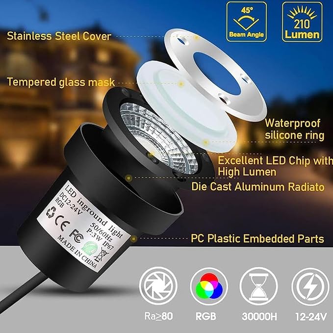 4PCS Outdoor LED Spotlights - 3W Floor Light Spotlight IP65 Waterproof Recessed Floor Lamp RGB LED Spotlights LED Recessed Ground Spotlight with Remote Controlled Spotlights(3W(24V))