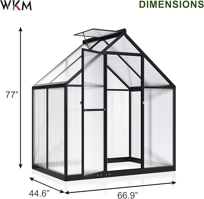 WKM 4x6 FT Greenhouse for Outdoors Quick-fit Structure Polycarbonate Green House with Window for Ventilation Walk-in Aluminum Greenhouse for Outsides Garden Backyard Black
