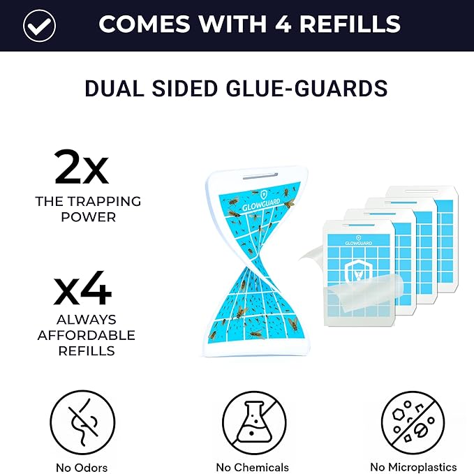 GlowGuard Cordless Flying Insect Trap Catches Fruit Flies Indoor Gnat Killer Magnet for Moths &amp Mosquitos in Dark 1 Rechargeable Trap + 4 Dual-Sided Sticky Pad Refills 30Hr 5000mAh Battery (Bl