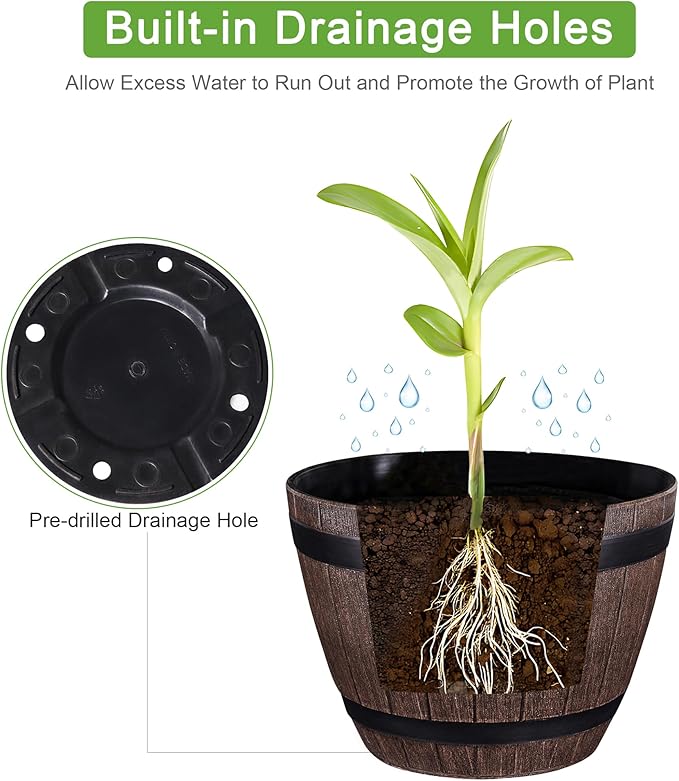 VECELO Plant Pots with Drainage Holes &amp Saucer 9/11.3/13 Inch Flower Pots with Tray 3 Pack Plastic Whiskey Barrel Planters for Indoor &amp Outdoor Garden Home Plants and Flowers