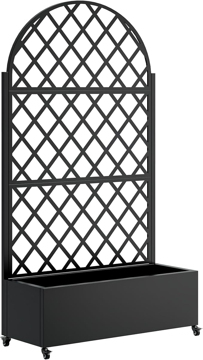 Raised Garden Bed with Trellis Metal Planter Box with Privacy Screen and Drainage Holes Planter Boxes Outdoor with 4 Wheels for Climbing Plants Vegetables Vines (Round)